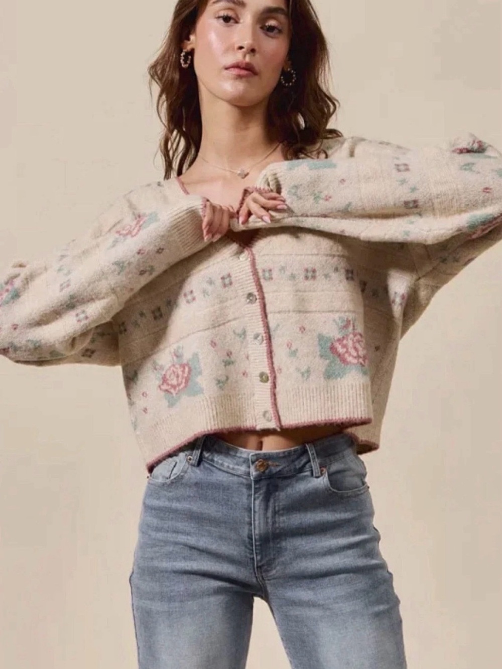 SO ME Floral Pattern Cardigan Long Sleeve Button Sweater Size Large - Picture 3 of 6